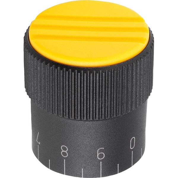 Knurled Knob W.Scale Size:3, D1=34, H=36, D=8, Form:C, Plastic Black, Comp:Steel, Cap:Yellow